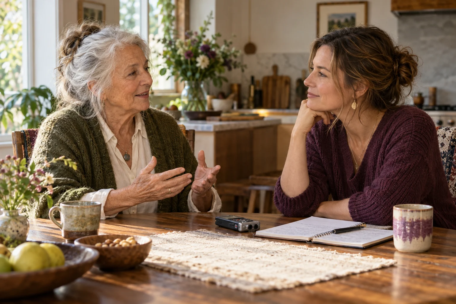 An older woman shares a story with a younger woman at a kitchen table beside a notebook