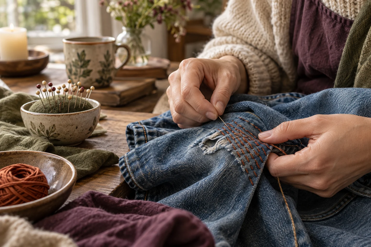 Hands make rust-colored running stitches through a blue denim patch beside a pincushion