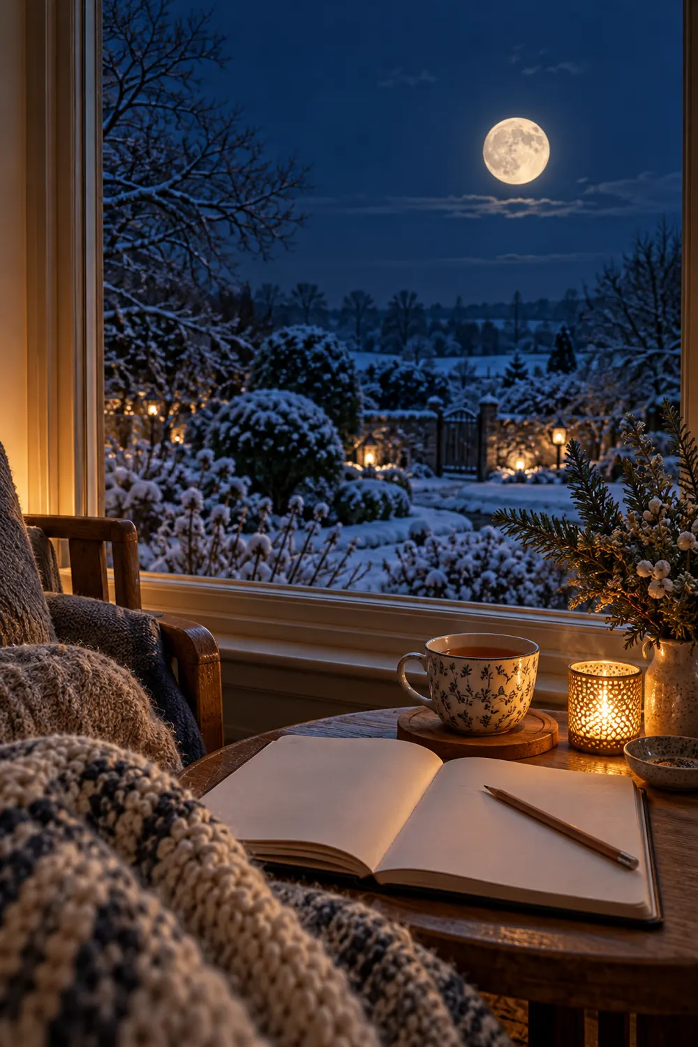 The December full moon above a snowy garden, seen from a warm room with a notebook and tea.