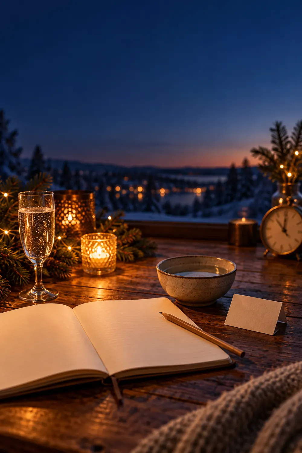 A warm winter table with an open blank journal, bowl of water, sparkling water, and a clock.