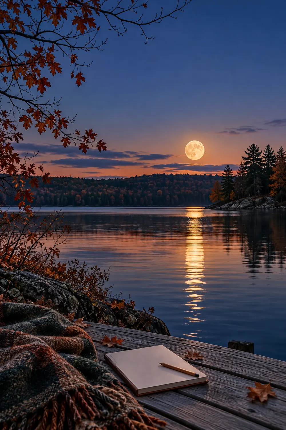 A late-autumn full moon reflected across a lake, with a notebook and wool wrap ready for a quiet check-in.