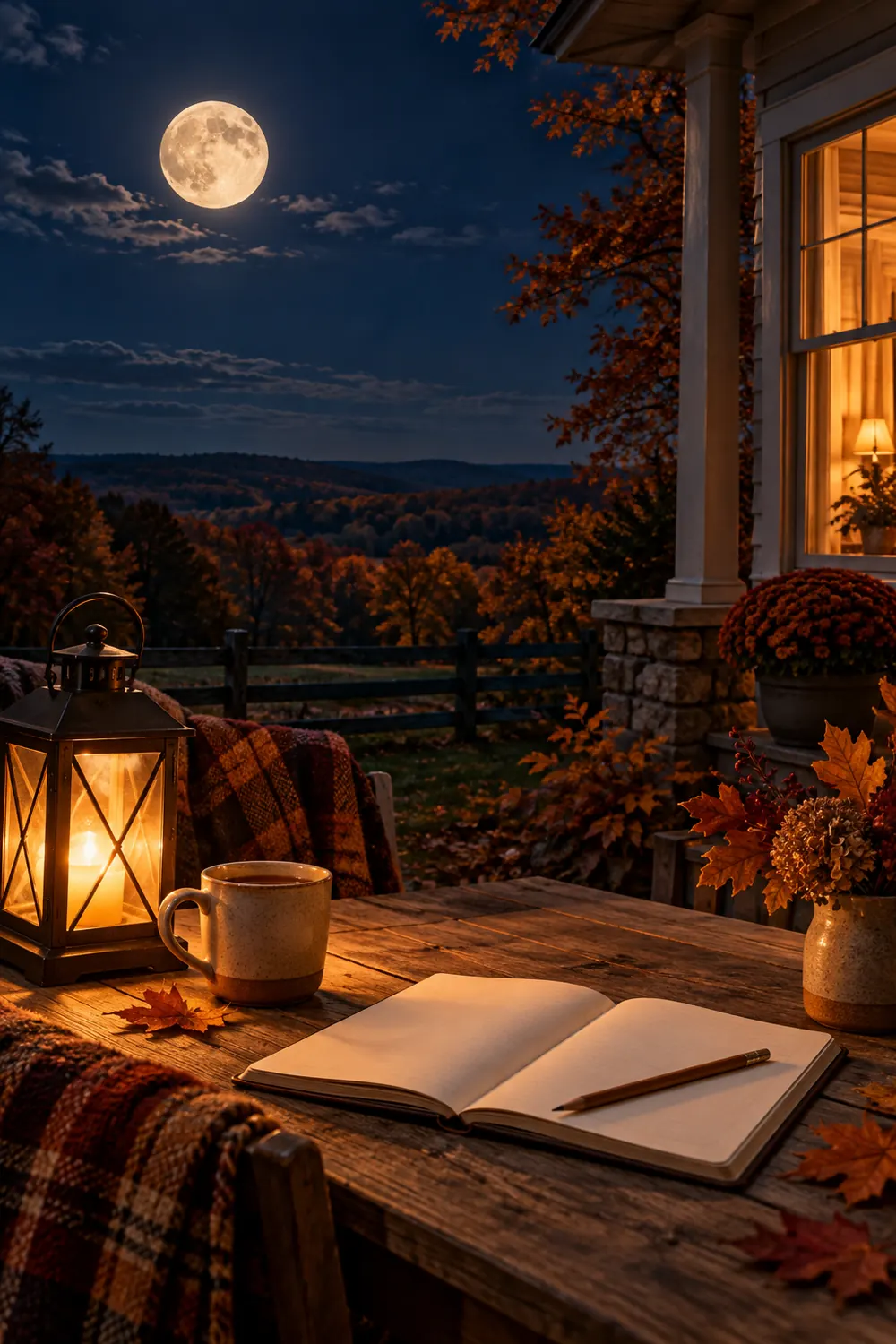 A full moon over late-autumn woodland and a porch table prepared for a quiet reflection.