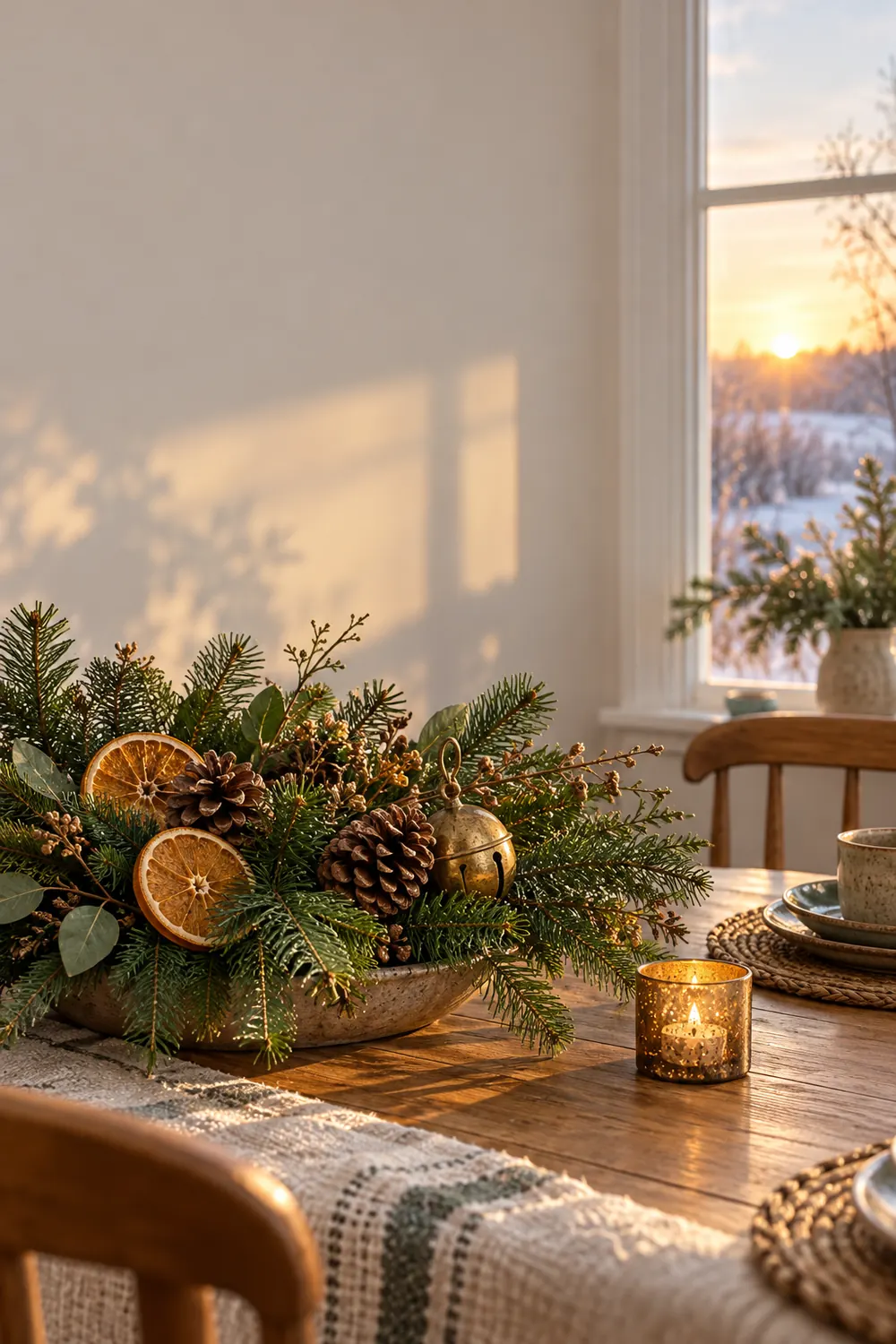 A winter solstice table with evergreen boughs, dried oranges, pinecones, a brass bell, and warm daylight.
