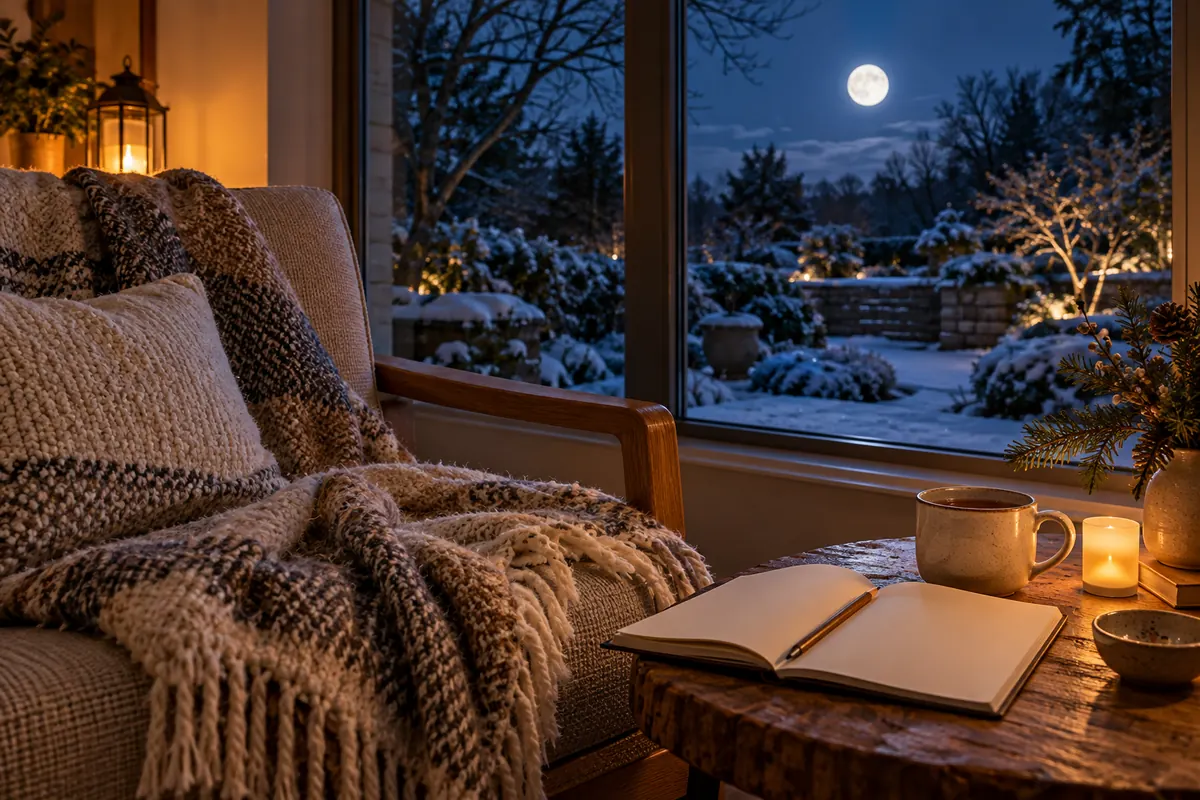 A winter full moon outside a warm window, beside a chair, open journal, tea, and battery light.