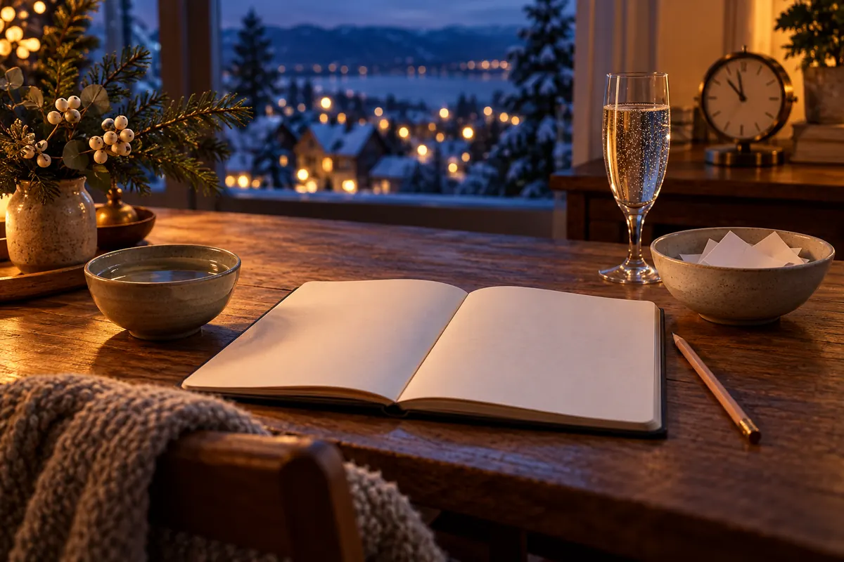 A winter New Year’s Eve table with an open notebook, bowl of water, sparkling water, and a quiet clock.