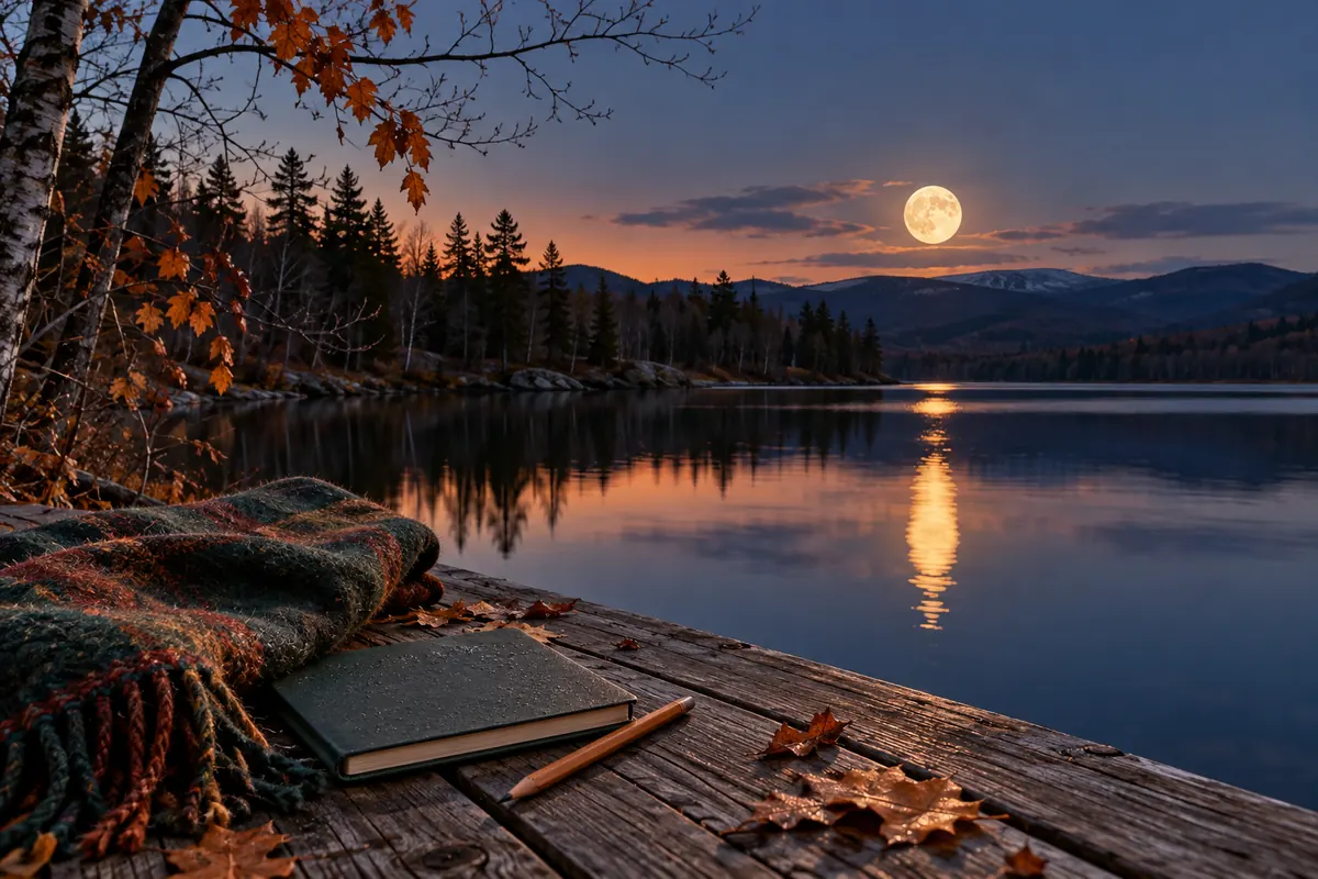 A November full moon reflected on a calm lake, with a notebook and folded wool wrap on the dock.