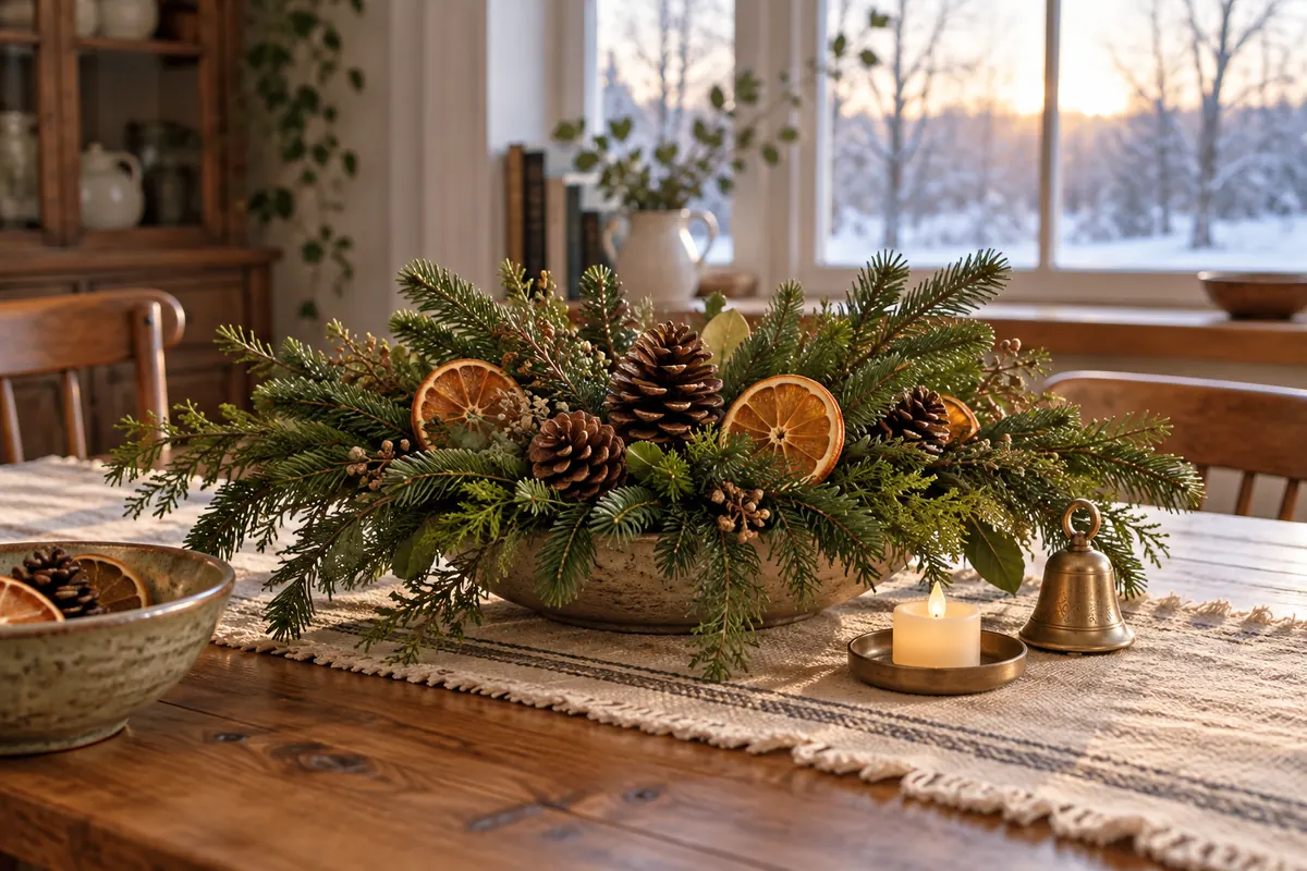 Evergreen branches, dried orange, pinecones, a brass bell, and battery light on a simple winter table.