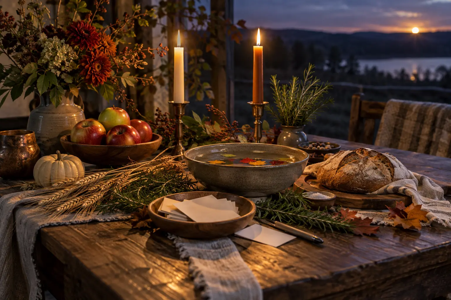 Fall equinox table with two candles apples wheat rosemary water gratitude cards and bread