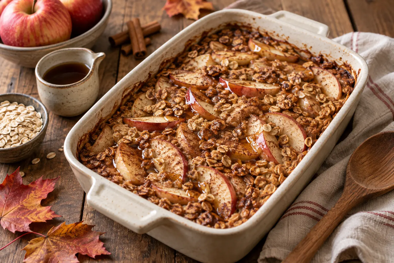 Maple apple baked oatmeal in a cream ceramic baking dish with cinnamon and fresh apples