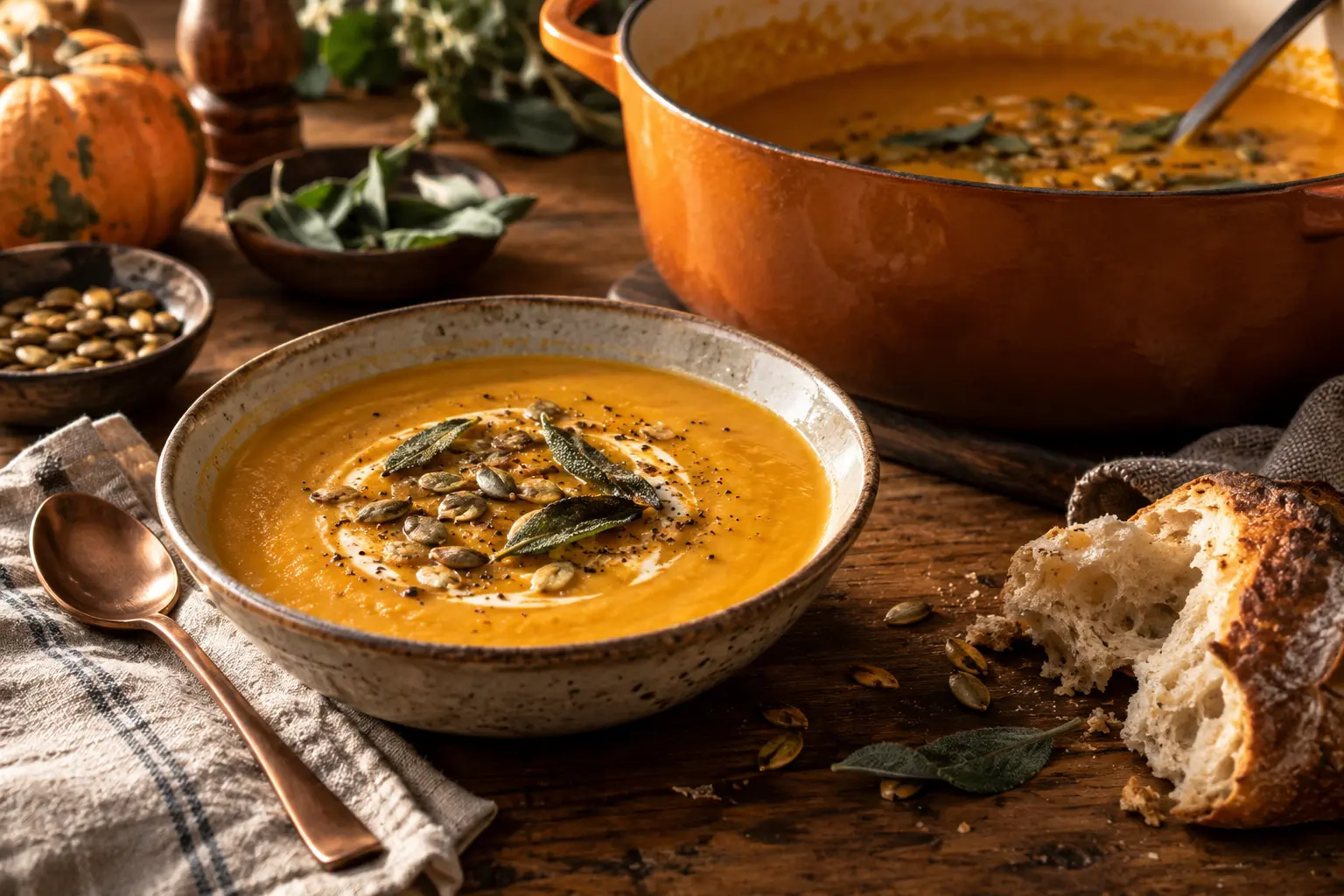 Creamy roasted pumpkin and white bean soup with sage pumpkin seeds bread and copper spoon