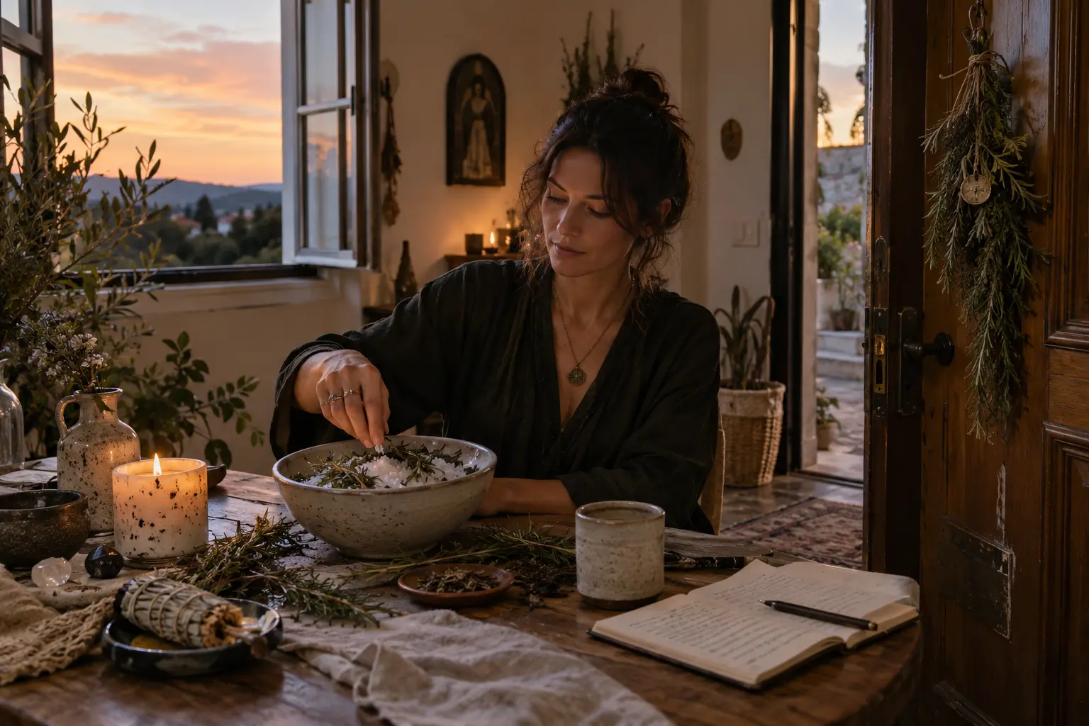 A woman preparing a smoke-free salt and rosemary home cleansing ritual at sunset