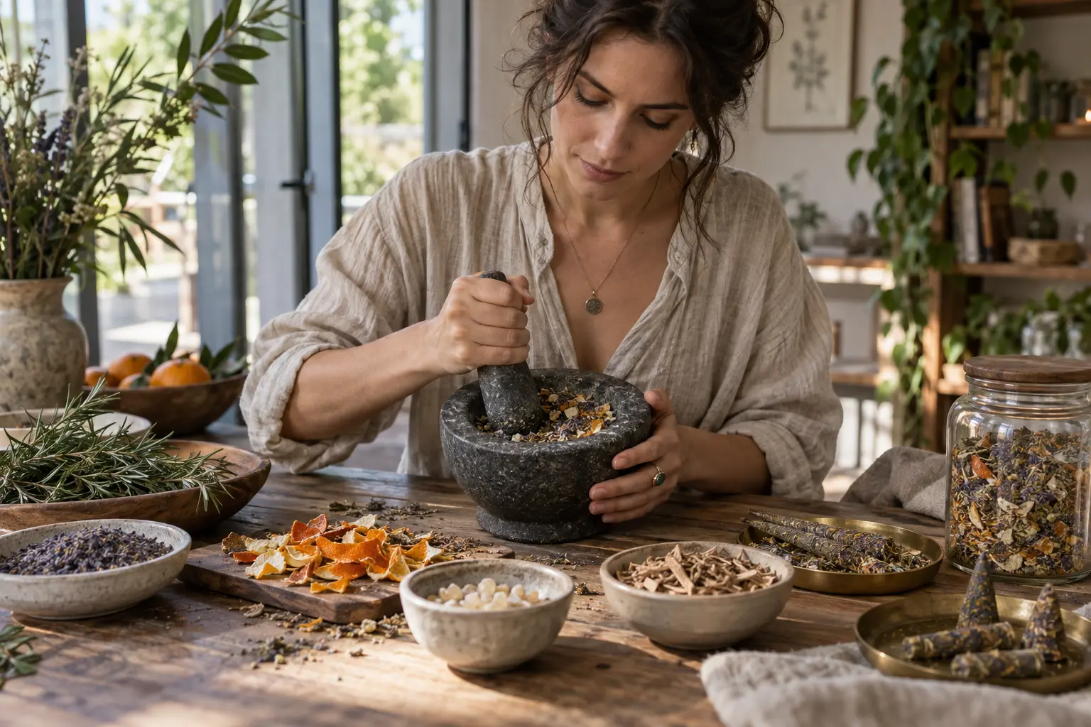 A woman grinding dried herbs, citrus peel, and resin to make natural incense