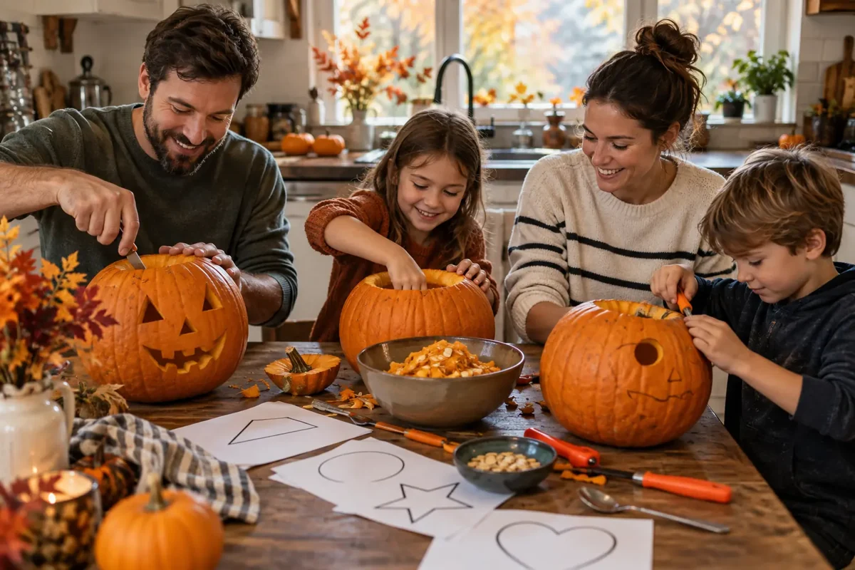 A mother and young children carving pumpkins with printable pumpkin face templates in a warm autumn kitchen