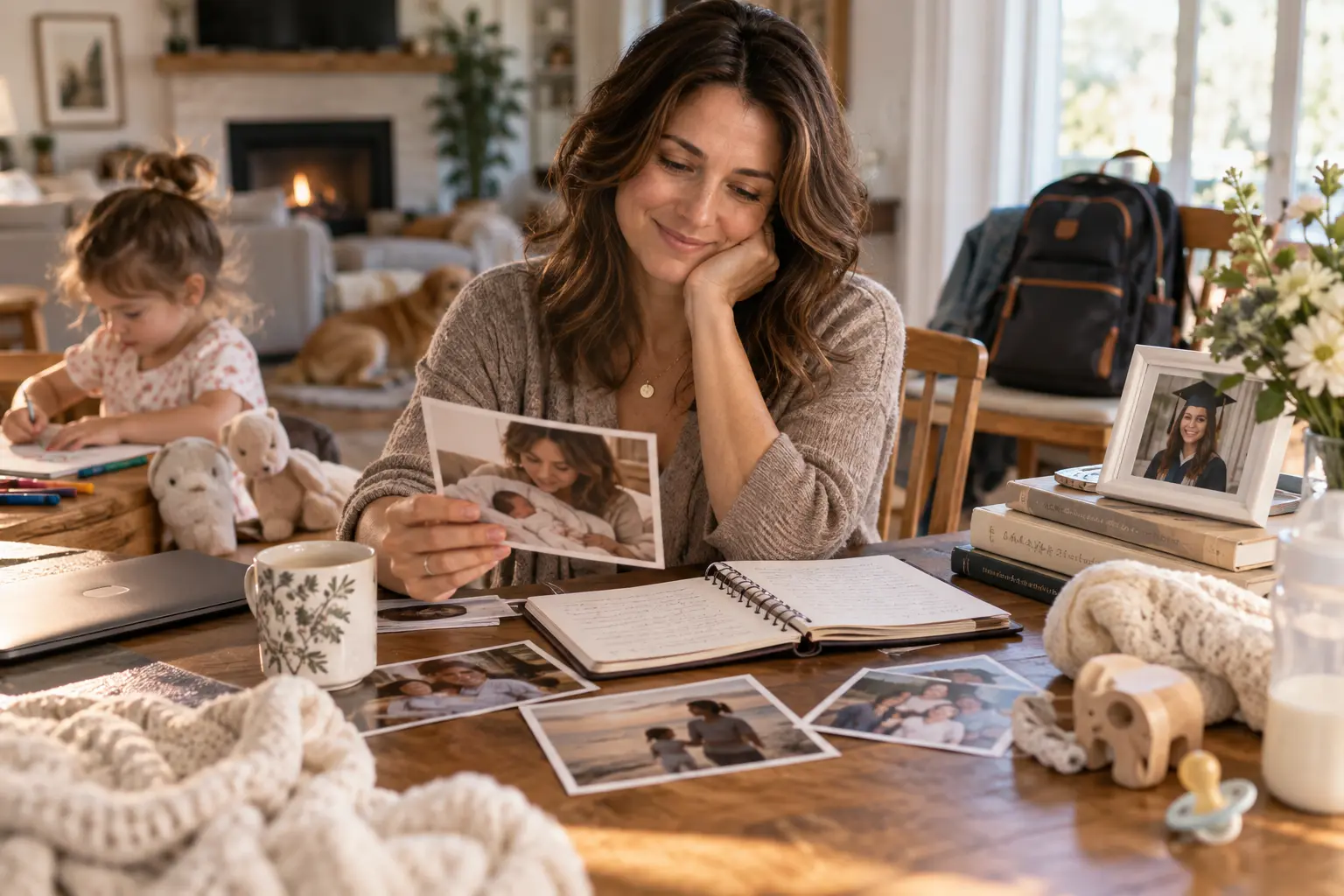 A mother journaling beside family photographs representing children from babyhood through adulthood