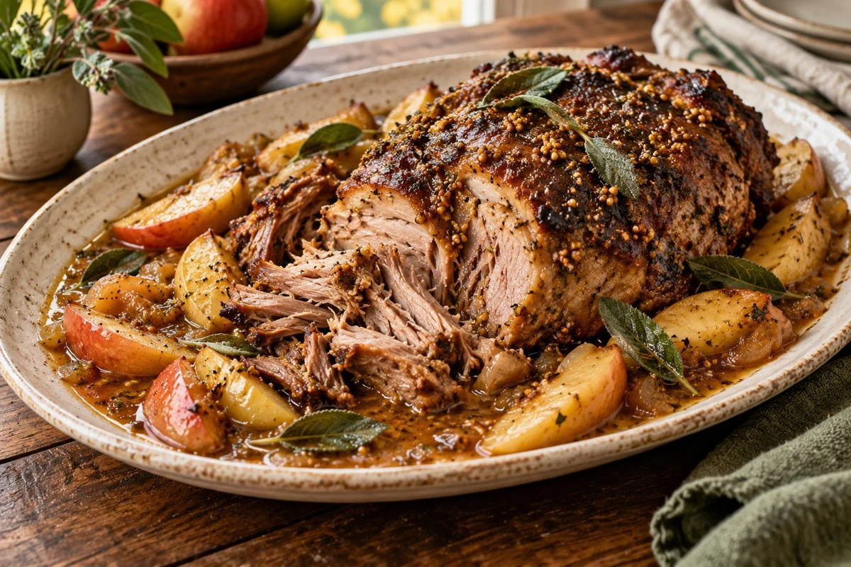 Cider-braised pork shoulder with apples, sage, and mustard seed on a rustic serving platter