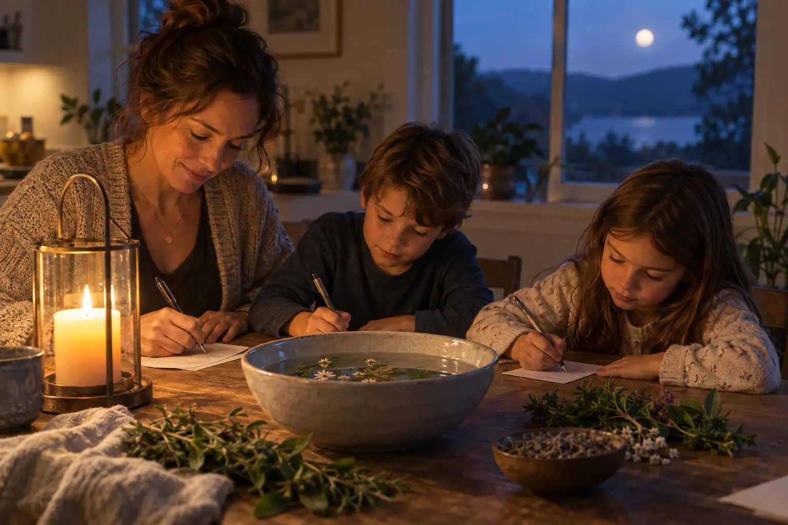 A mother and two children writing intentions together during a safe family moon ritual at home