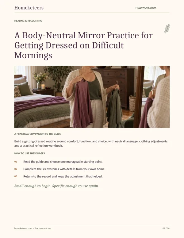 Cover of the Homeketeers A Body-Neutral Mirror Practice for Getting Dressed on Difficult Mornings field workbook