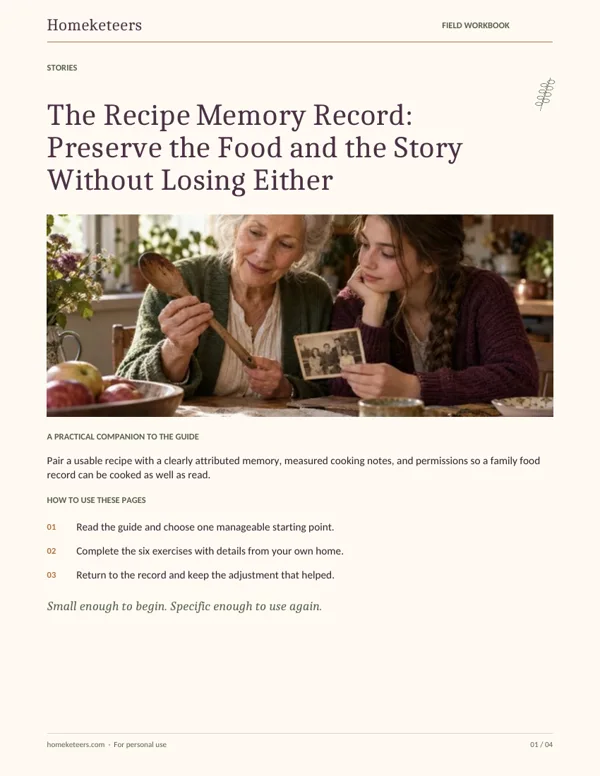 Cover of the Homeketeers The Recipe Memory Record: Preserve the Food and the Story Without Losing Either field workbook