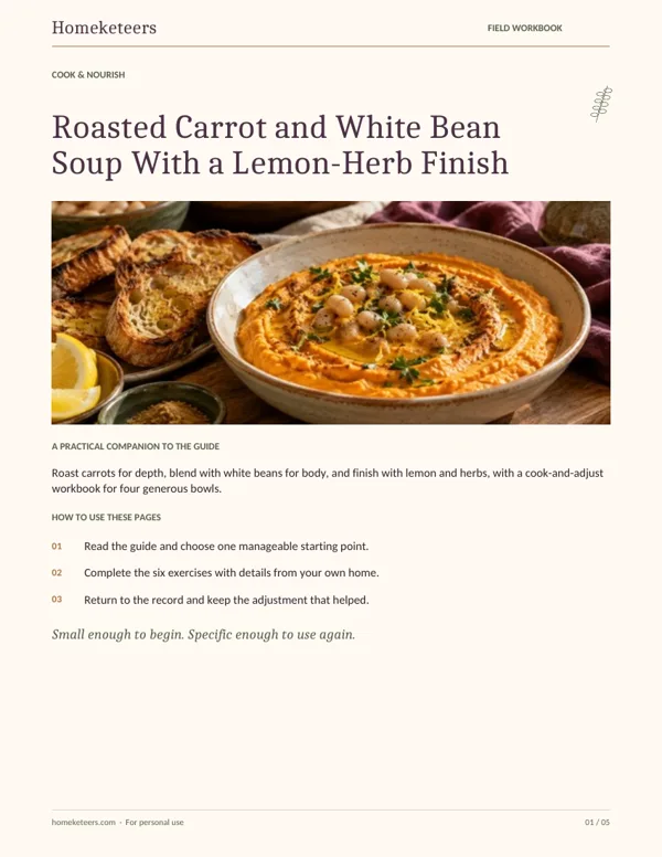 Cover of the Homeketeers Roasted Carrot and White Bean Soup With a Lemon-Herb Finish field workbook