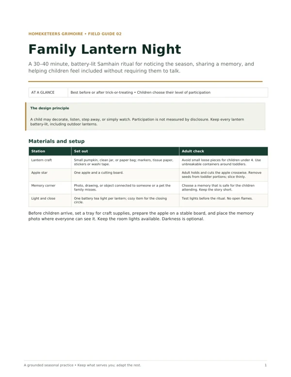 Cover of the Homeketeers Samhain Family Ritual for Kids field workbook