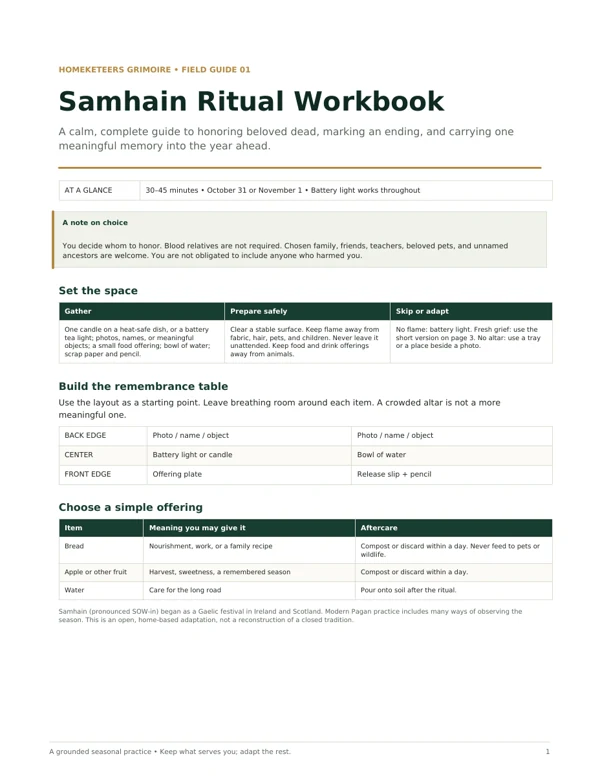 Cover of the Homeketeers Samhain Ritual: Honoring the Thin Veil field workbook