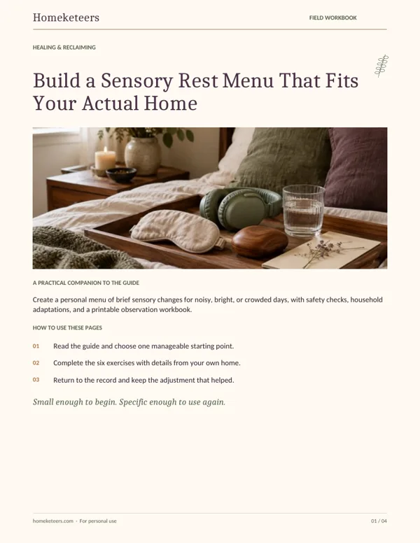 Cover of the Homeketeers Build a Sensory Rest Menu That Fits Your Actual Home field workbook