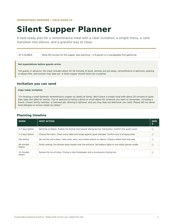 Cover of the Homeketeers A Silent Supper for Remembrance field workbook