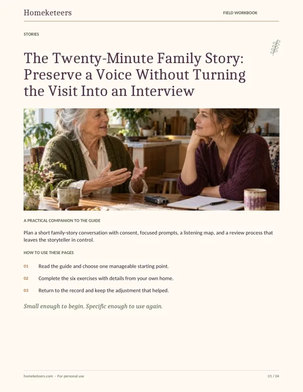 Cover of the Homeketeers The Twenty-Minute Family Story: Preserve a Voice Without Turning the Visit Into an Interview field workbook